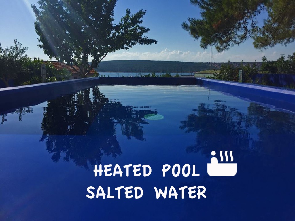 outdoor pool, 100% natural treatment (salted water) water is heated from april to october.
