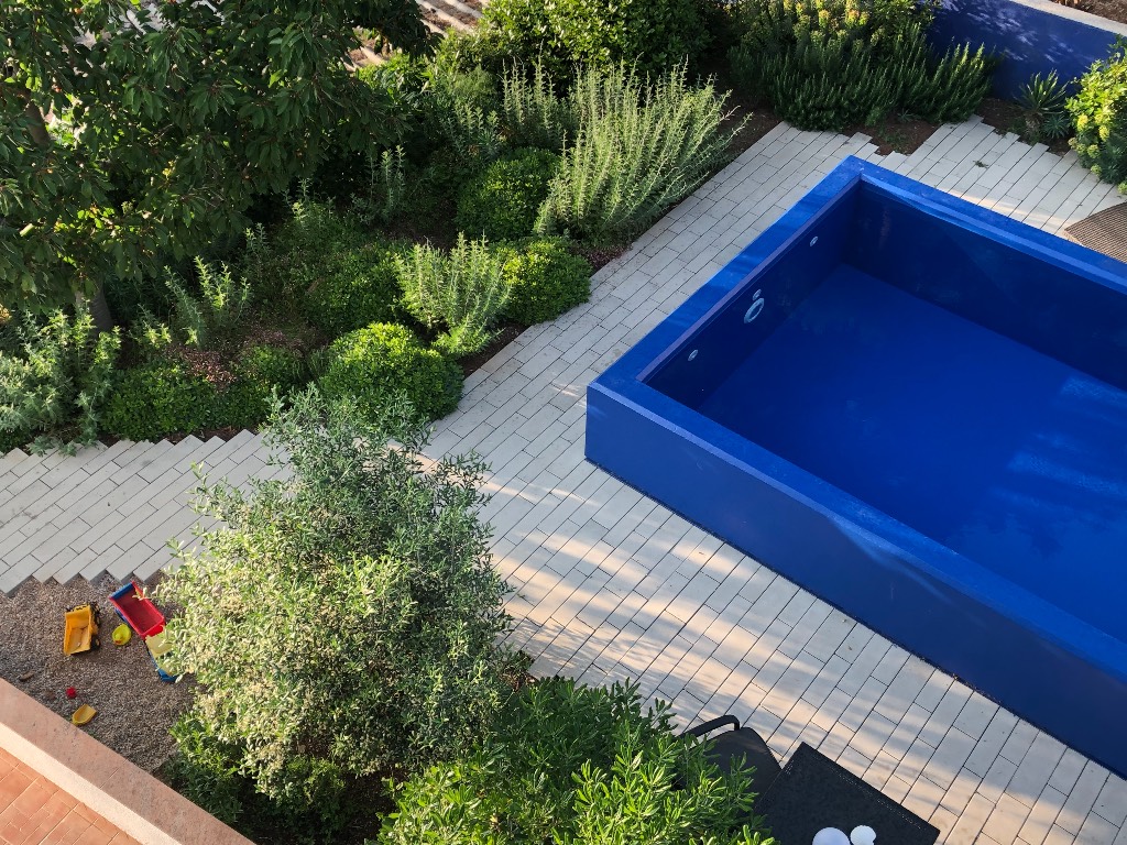 Garden around the pool is well landscaped with white and blue flowers.