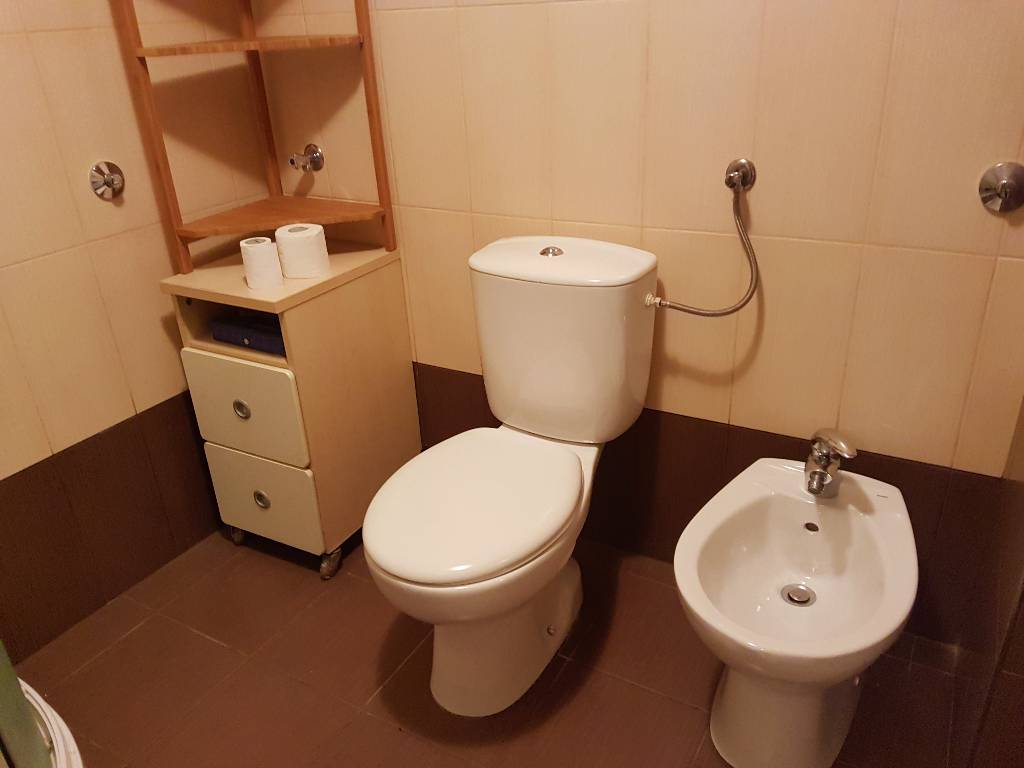 Das große Badezimmer verfügt über ein WC, Waschbecken und Dusche, Fön und Bügeleisen sind ebenfalls erhältlich.