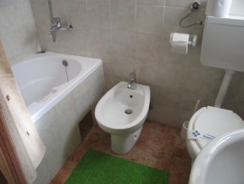 Badezimmer mit Badewanne/WC und Waschmaschine