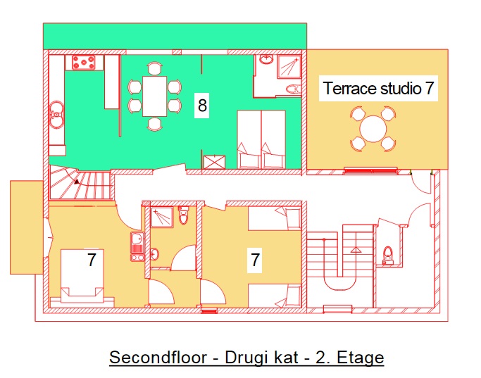 Übersicht von der 2. Etage, hier sind die Studio/Appartments nr.7 und 8.