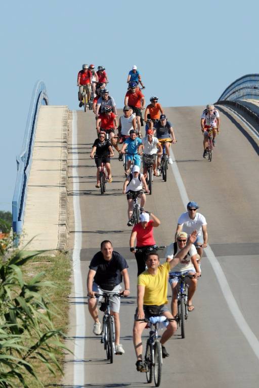 With bike over bridge